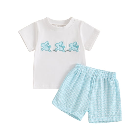 Okbabeha Easter Baby Boy Girl Outfit Bunny Short Sleeve Shirt Plaid Shorts 2Pcs Toddler Outfits