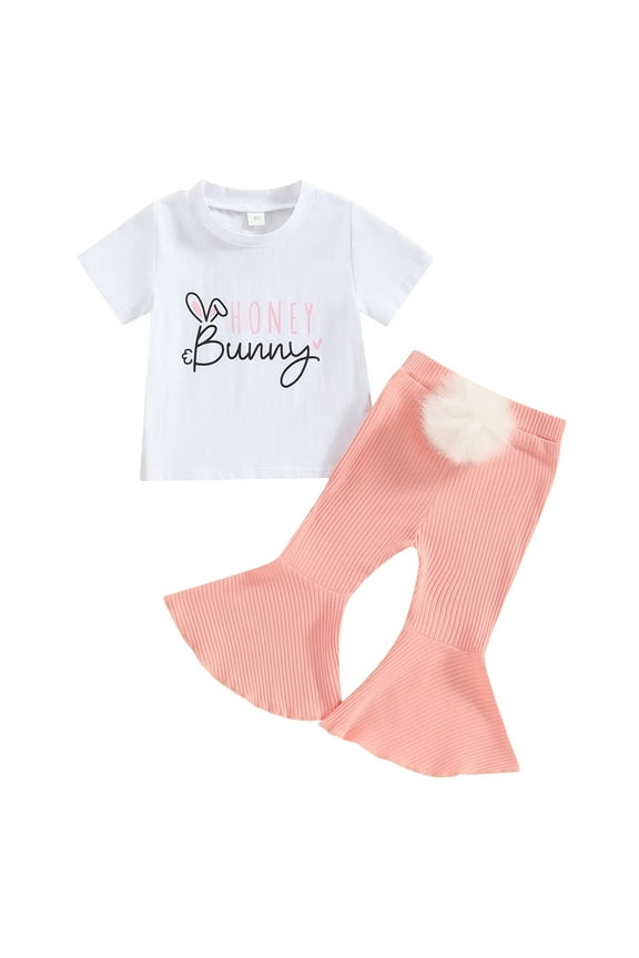 Easter Toddler Baby Girl Outfit Honey Bunny Short Sleeve T-shirt Flare Pant Set Infant Summer Clothes For Girls