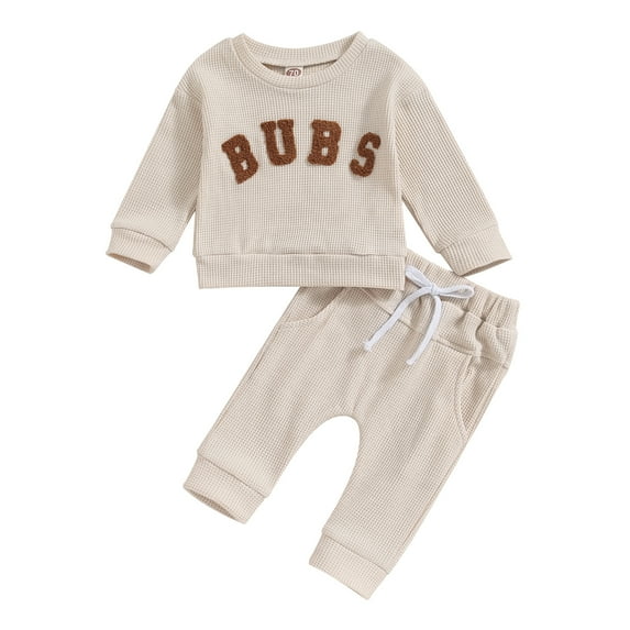 Okbabeha Fall Baby Boy Clothes Toddler Waffle Outfit Letter Embroidery Pullover Sweatshirt Solid Pants Set Cute Outfits