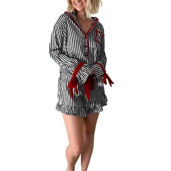 Okbabeha Holiday Striped Pajama Set for Women Santa Bow Tie Pajama Set Satin Christmas Pajamas Red Green And White Striped Pajamas Short Sleeve Button Up Shirt and Ruffle Shorts Pj Set