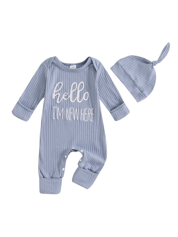 Im New Here Newborn Outfit Boy Long Sleeve Letter Romper Ribbed Knit Jumpsuit Baby Boy Preemie Coming Home Outfit