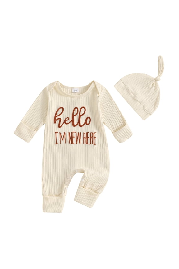 Im New Here Newborn Outfit Boy Long Sleeve Letter Romper Ribbed Knit Jumpsuit Baby Boy Preemie Coming Home Outfit