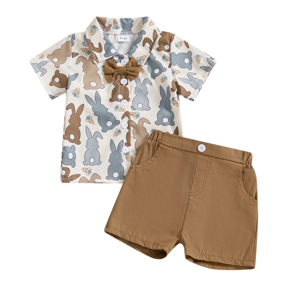 Okbabeha Infant Baby Boy Easter Day Outfit Bunny Print Bowtie Short Sleeve Shirt Top and Shorts Gentleman Set