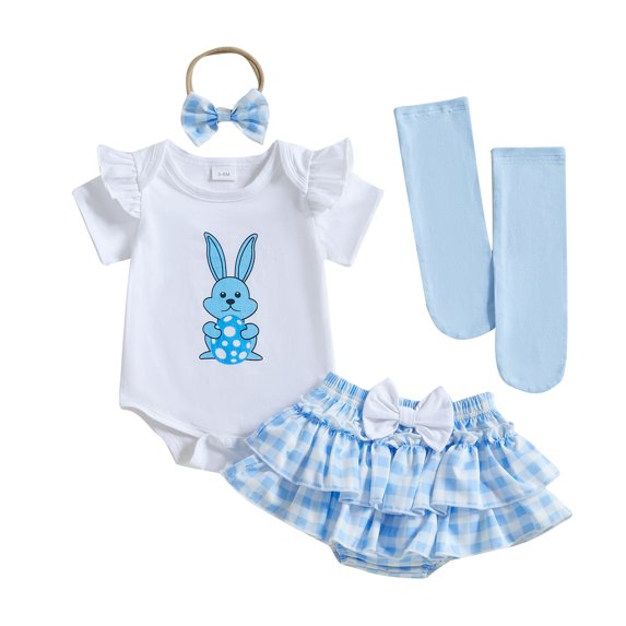 Okbabeha Infant Baby Girl Easter Outfits Short Sleeve Romper Bunny one-piece + Shorts + Headband + Socks