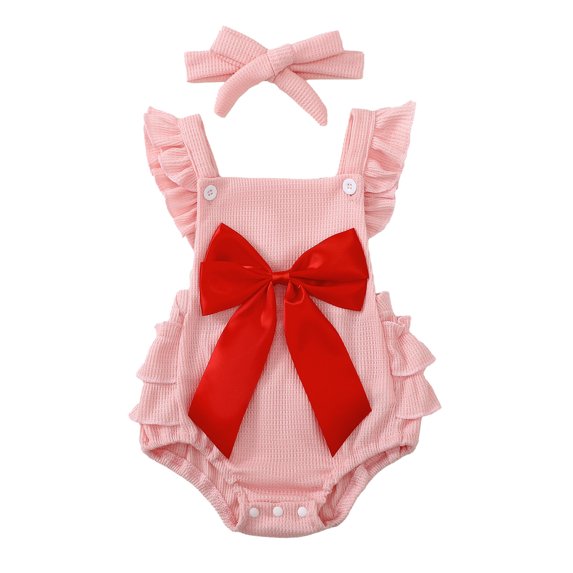 Okbabeha Infant Baby Girl Summer Clothes Outfits Cute Bow Fly Sleeve Romper Jumpsuit Bodysuit with Headband
