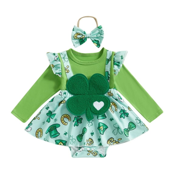 Okbabeha Infant Baby Girls Bodysuit Dress St. Patrick's Day Outfits Long Sleeve Clover Print Romper and Headband