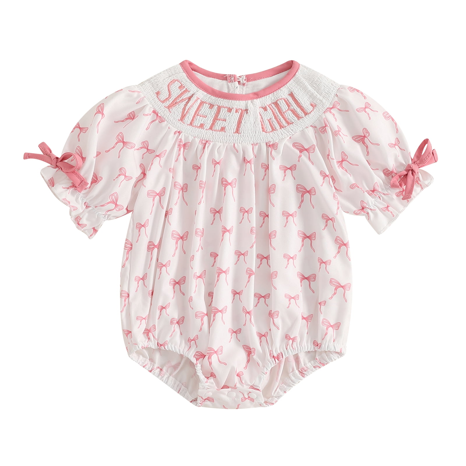 Okbabeha Infant Baby Girls Romper Bow Print Ruffle Sleeve Smocked ...