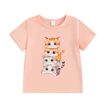 Okbabeha Kids Boy Girl Crew Neck Short Sleeve Cartoon Cat T Shirt Pullover Top Summer Basic Tees Casual Clothes 1-8Y