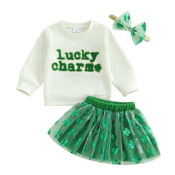 Okbabeha Kids Girl St. Patricks Day Outfit Sweatshirt Clover Layered Tulle Skirts Headband Set Irish Baby Clothes