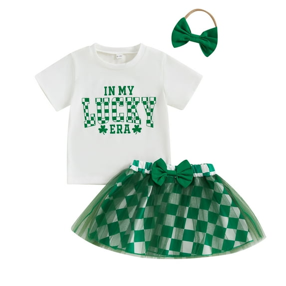 Okbabeha Kids Girls St. Patrick's Day Clothing 3 Piece Skirt Sets Short Sleeve T-shirt with Plaid Tulle Skirt Headband