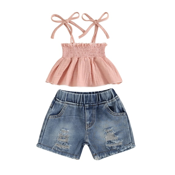 Okbabeha Kids Girls Summer Outfits Ruffle Suspender Crop Tops Pleated Camisole+Ripped Jeans Shorts Two Piece Clothes Set