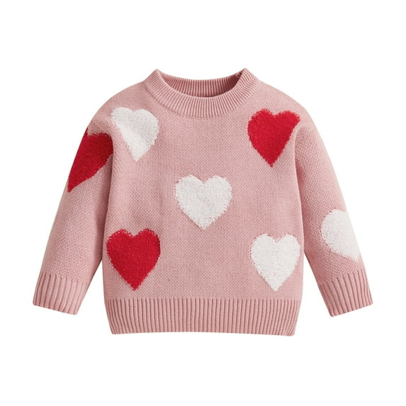 Okbabeha Kids Toddler Girls Sweaters Heart Pattern Crewneck Long Sleeve Knit Pullover Tops