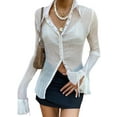 thumbnail image 1 of Okbabeha Ladies Ruched Shirt, Flare Long Sleeve Lapel Single-breasted Slim Tops, 1 of 9