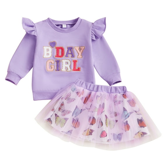 Okbabeha Little Girl Birthday Outfit Flying Sleeve Letter Sweatshirt Tulle Skirt