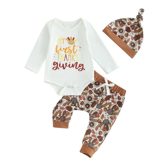 Okbabeha My 1ST Thanksgiving Outfits Baby Boy Turkey Onesie Long Sleeve Romper+Turkey Pants Hat Newborn Infant Fall Clothes