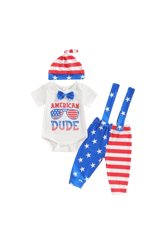 My First 4th of July Outfit Baby Boy Fourth of July  one-piece  Romper+American Flag Overall Pants+Knot Hat Clothes Set