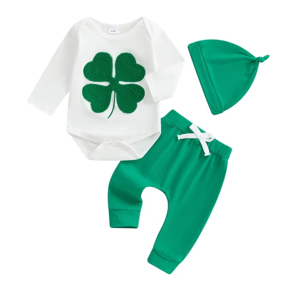 Okbabeha My First St. Patrick's Day Baby Boy Outfit Newborn Clover Romper Pants Hat Infant Clothes Set