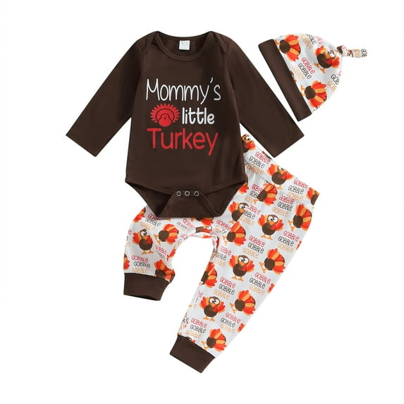 Okbabeha My First Thanksgiving Outfits Baby Boy Turkey Onesie Long Sleeve Romper+Turkey Pants Hat Newborn Infant Fall Clothes