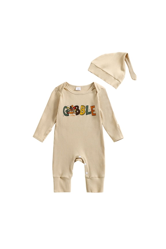 My First Thanksgiving Outfits Baby Girl Boy Romper Turkey Print Romper Ribbed Long Sleeve Jumpsuit with Hat Set