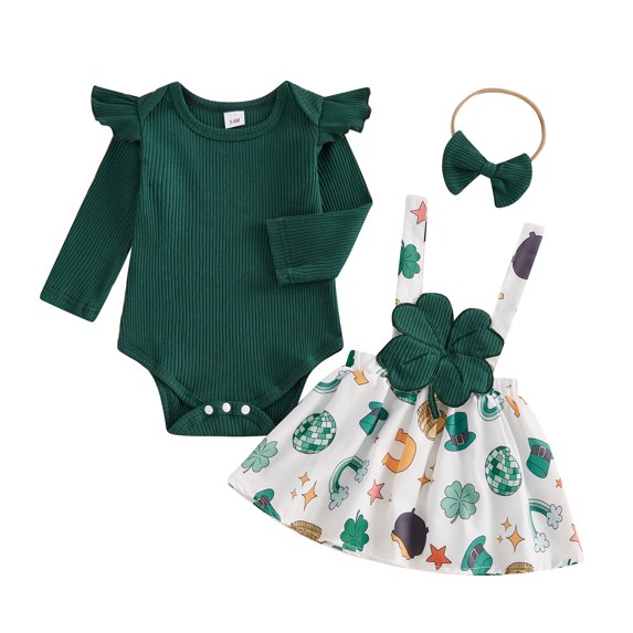 Okbabeha Newborn 3Pcs Baby Girl St Patricks Day Outfit Long Sleeve Romper Suspender Skirt Set