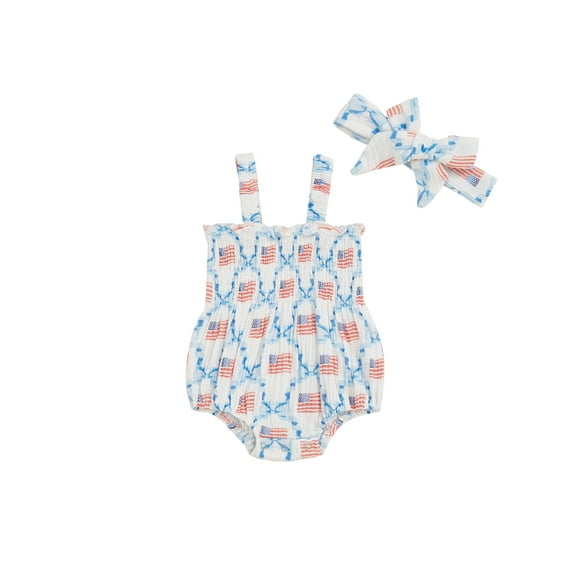 Okbabeha Newborn 4th of July Baby Girl Outfits Fourth of July Smocked Romper American Flag Jumpsuit Independence Day Clothes