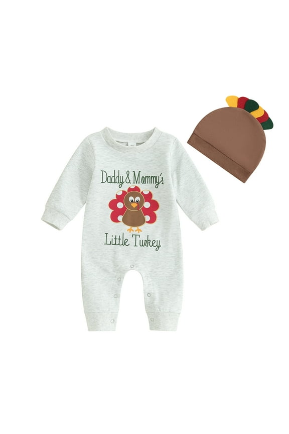Newborn Baby Boy Girl Clothes Daddy  Mommys Little Turkey Jumpsuit Romper Fall One Piece Thanksgiving Outfit+Hat