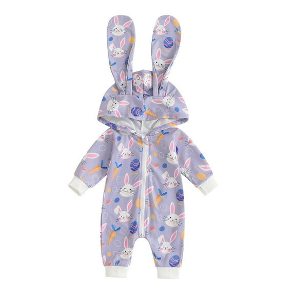 Okbabeha Newborn Baby Boy Girl Easter Outfit Bunny Ear Hoodie Romper Long Sleeve Jumpsuit Infant Spring Clothes