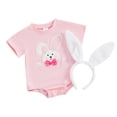 thumbnail image 1 of Okbabeha Newborn Baby Boy Girl Easter Outfit Fuzzy Embroidered Romper Short Sleeve Bodysuit Jumpsuit with Bunny Ears Headband, 1 of 9