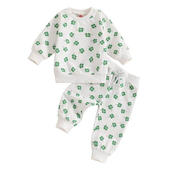 Okbabeha Newborn Baby Boy Irish Day 2PCS Outfit Long Sleeve Clover Print Sweatshirts Pants