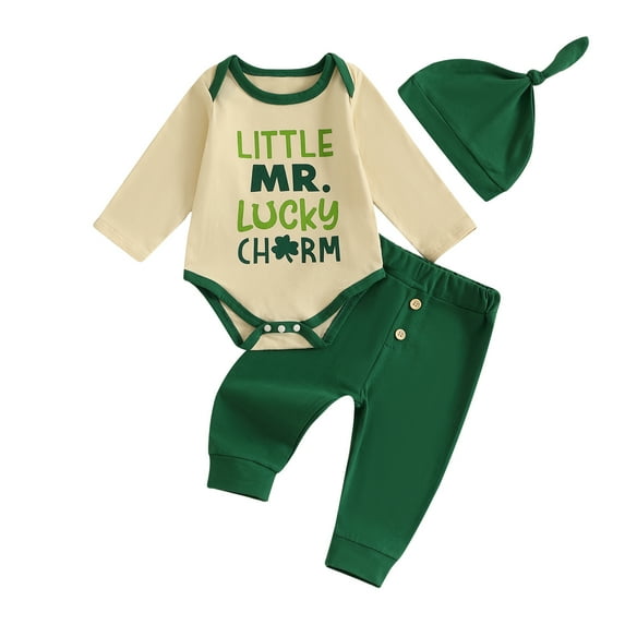 Okbabeha Newborn Baby Boys My First St. Patrick's Day Outfits Long Sleeve Romper Clover Print Trousers Hat