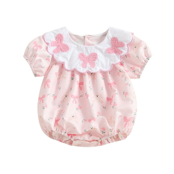 Okbabeha Newborn Baby Girl Bow Short Puff Sleeve Smocked Bubble Romper Doll Collar Jumpsuit Clothes