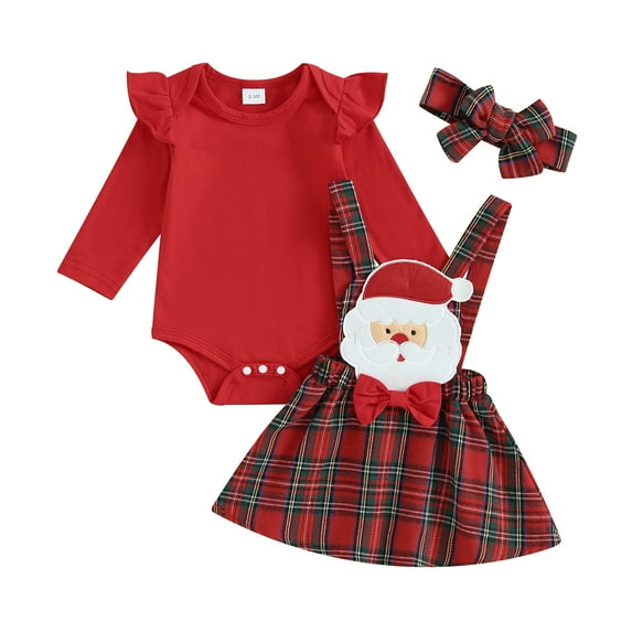 Okbabeha Newborn Baby Girl Christmas Outfit 0 3 6 9 12 18Months Ruffle Romper Onesie+Plaid Suspender Skirt Headband Clothes Set
