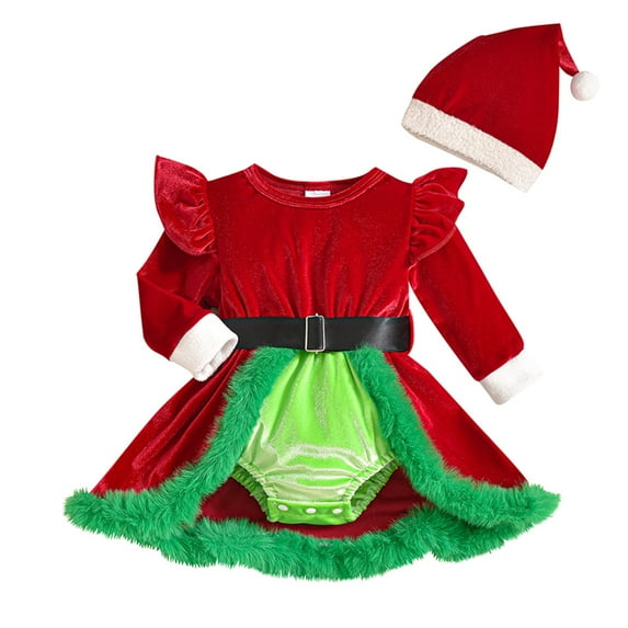 Okbabeha Newborn Baby Girl Christmas Outfit Clothes 0 3 6 9 12 18 24Month Velvet Romper Dress one-piece Bodysuit Xmas Dress Winter
