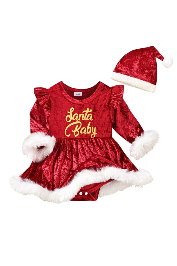 Newborn Baby Girl Christmas Outfit Clothes 0 3 6 9 12 18 24Month Velvet Romper Dress one-piece Bodysuit Xmas Dress Winter