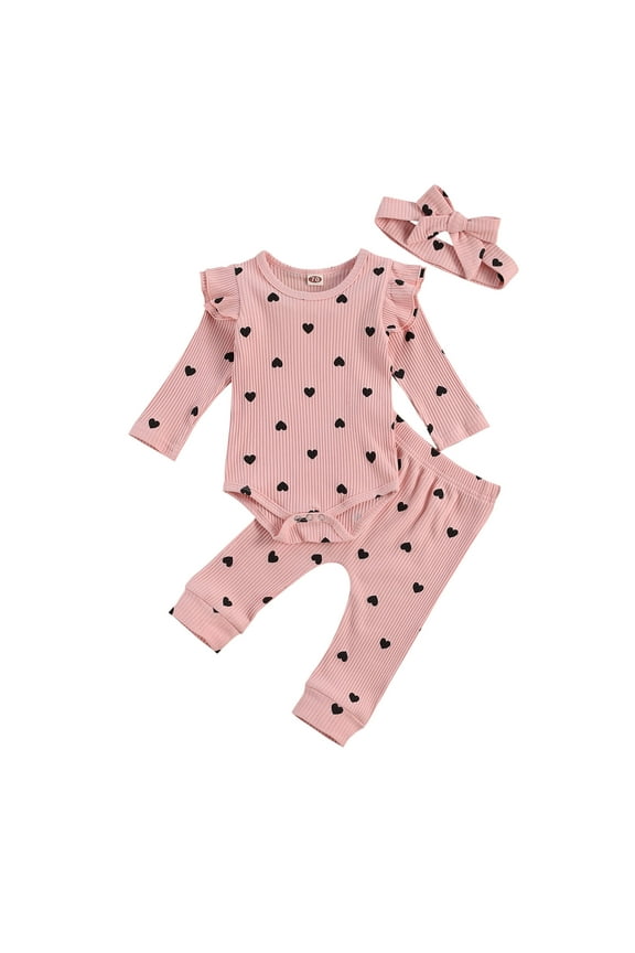 Newborn Baby Girl Clothes Fall Winter Outfit 0 3 6 9 12 18Months Ruffle Long Sleeve Ribbed Romper+Pants+Headband Set