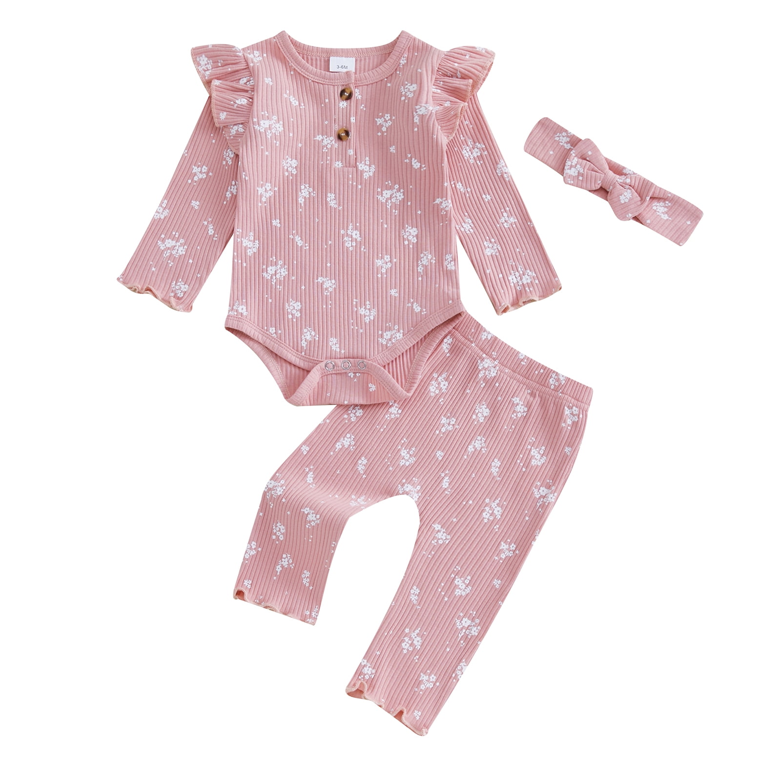 Okbabeha Newborn Baby Girl Clothes Fall Winter Outfit 0 3 6 9 12 18Months Ruffle Long Sleeve Ribbed Romper+Pants+Headband Set