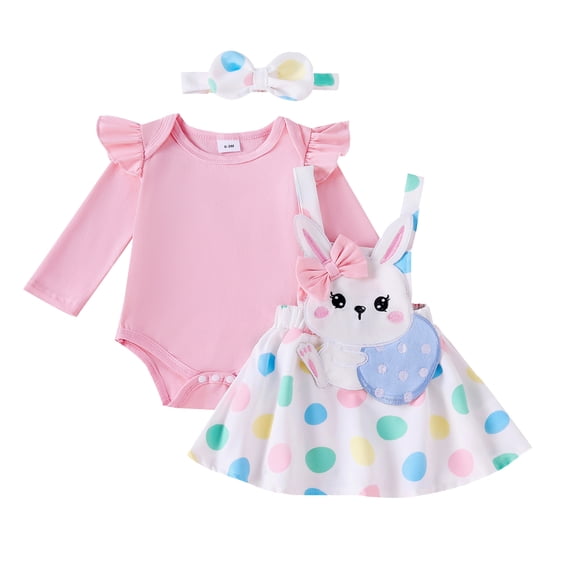 Okbabeha Newborn Baby Girl Easter Bunny Outfit Long Sleeve Rabbit Romper Suspender Skirt Set Overall Dress Headband My 1st Easter Outfit