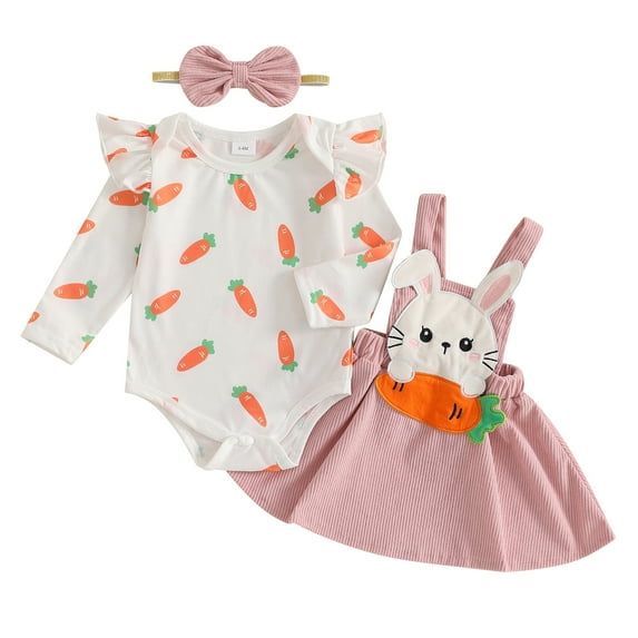 Okbabeha Newborn Baby Girl Easter Bunny Outfit Long Sleeve Rabbit Romper Suspender Skirt Set Overall Dress Headband My 1st Easter Outfit