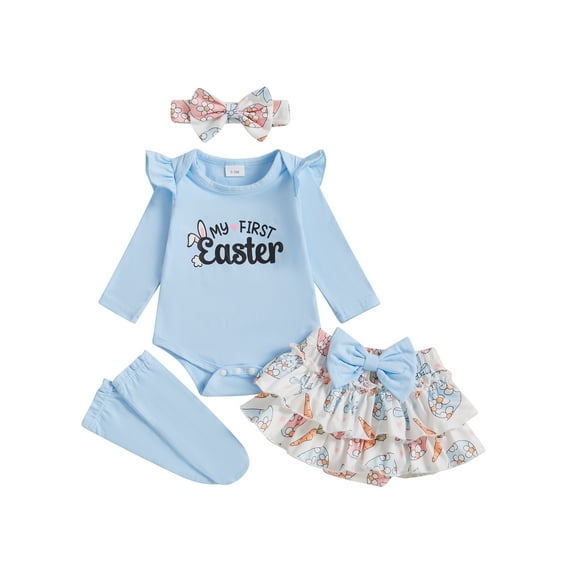 Okbabeha Newborn Baby Girl Easter Outfit Bunny Clothes Long Sleeve Bunny Romper Bloomers Tutu Skirt Socks Headband 4Pcs Clothes