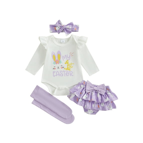 Okbabeha Newborn Baby Girl Easter Outfit Bunny Clothes Long Sleeve Romper Bloomers Tutu Skirt Socks Headband 4Pcs Clothes