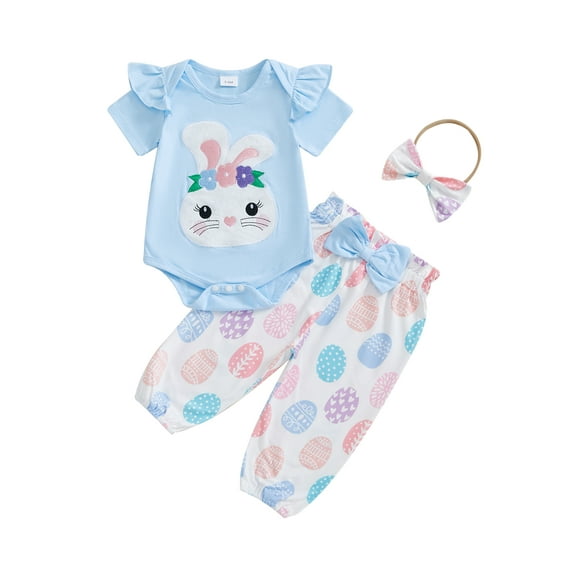 Okbabeha Newborn Baby Girl Easter Outfit Bunny Embroidery Ruffle Short Sleeve Romper Easter Eggs Long Pants Headband 3Pcs Set