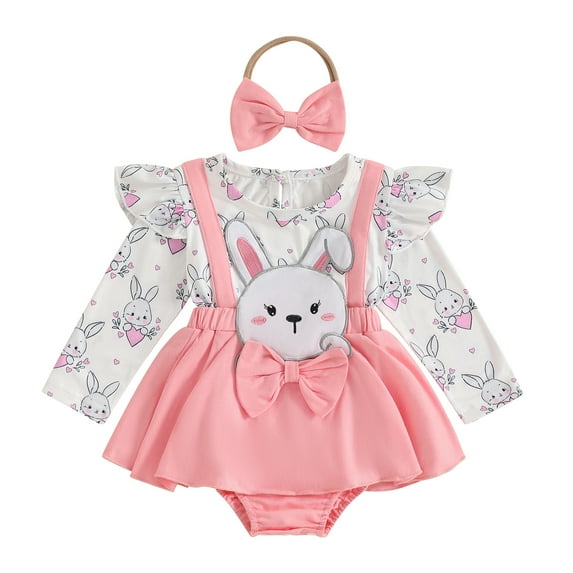 Okbabeha Newborn Baby Girl Easter Outfit Bunny Print Long Sleeve Romper Dress Ruffle Skirt Bodysuit Headband Set