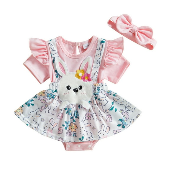 Okbabeha Newborn Baby Girl Easter Outfit Bunny Print Short Sleeve Romper Dress Ruffle Skirt Bodysuit Headband Set