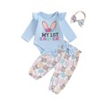 thumbnail image 1 of Okbabeha Newborn Baby Girl Easter Outfit Bunny Ruffle Long Sleeve Romper Easter Eggs Long Pants Headband 3Pcs Set 0 3 6 9 12 18 Months, 1 of 8