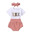 thumbnail image 1 of Okbabeha Newborn Baby Girl Easter Outfit My First Easter Outfit Short Sleeve Rabbit Print Romper Elastic Waist Shorts with Hairband 3Pcs Clothes Set, 1 of 5