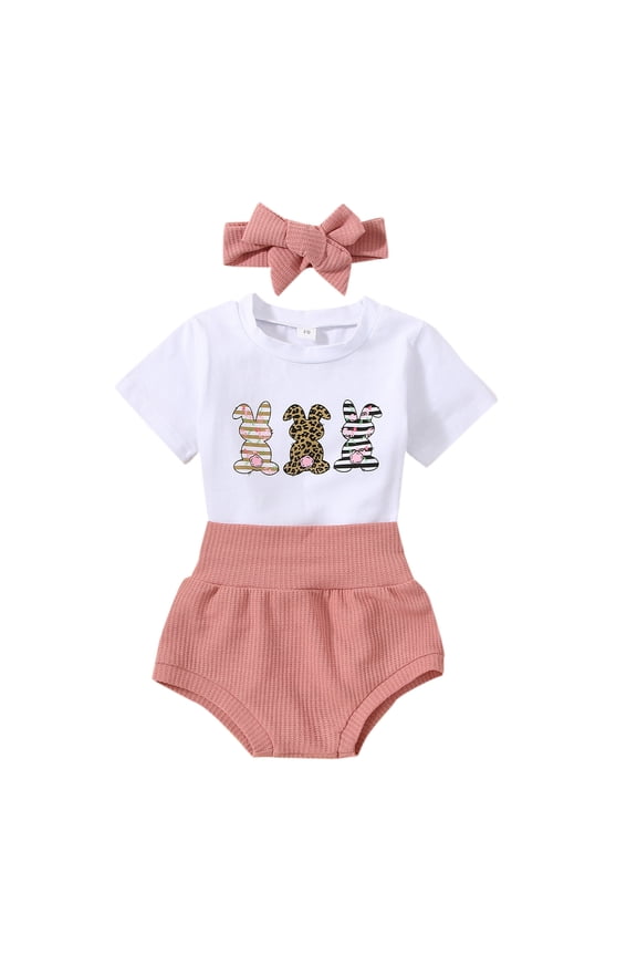 Newborn Baby Girl Easter Outfit My First Easter Outfit Short Sleeve Rabbit Print Romper Elastic Waist Shorts with Hairband 3Pcs Clothes Set