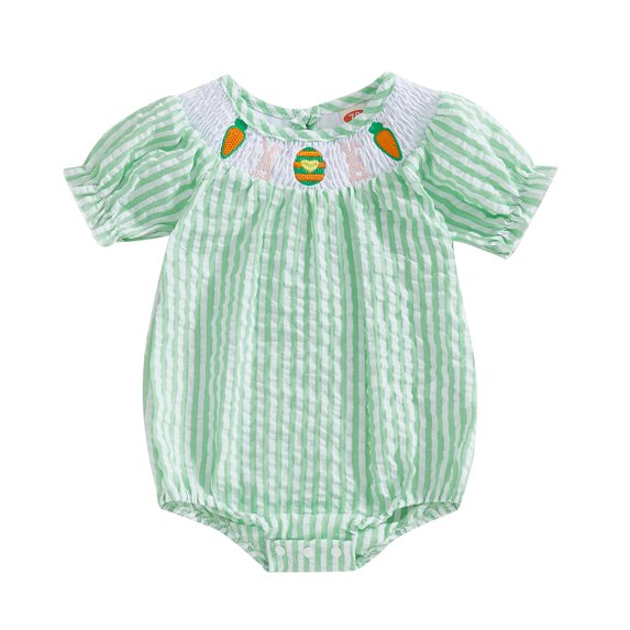 Okbabeha Newborn Baby Girl Easter Romper Stripes Print Doll Collar Short Sleeve Bubble Bodysuit Summer Clothes