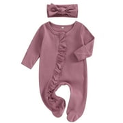 Okbabeha Newborn Baby Girl Fall Winter Outfits Clothes Knit Onesie Ruffle Romper Newborn Coming Home Outfit for Baby Girl