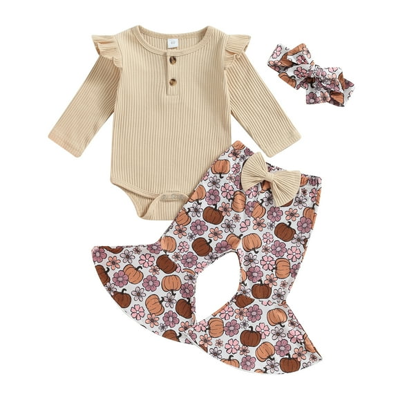 Okbabeha Newborn Baby Girl Halloween Thanksgiving Outfit Ribbed Ruffle Romper Onesie Pumpkin Turkey Flared Pants Sets