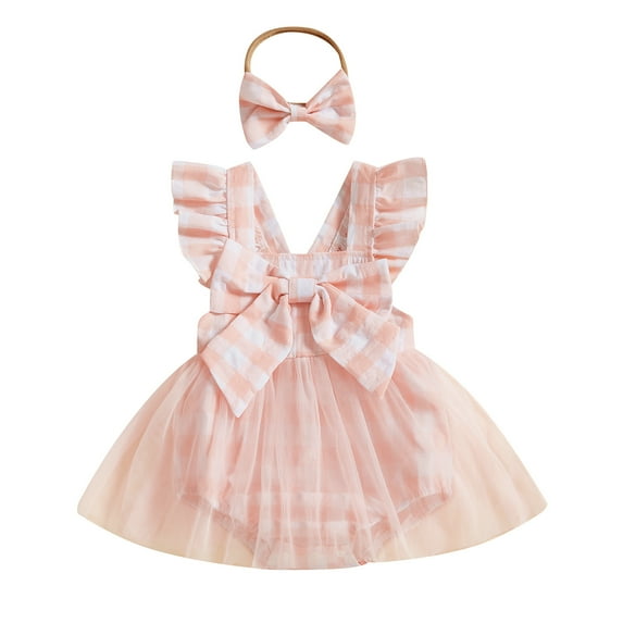 Okbabeha Newborn Baby Girl Romper Dress Plaid Bowknot Fly Sleeve Tulle Tutu Bodysuit Jumpsuit with Headband